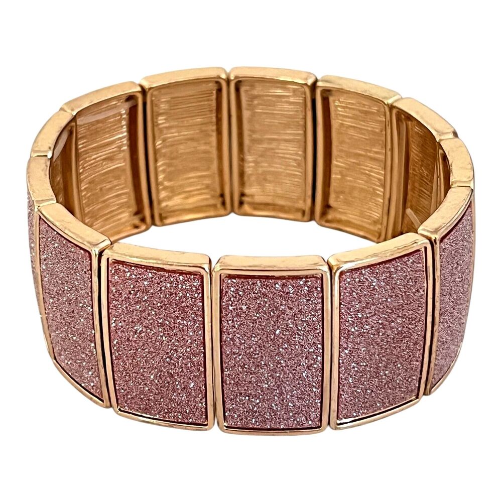 New Gold Tone Stretch Bracelet Pink Sparkle - 12J
